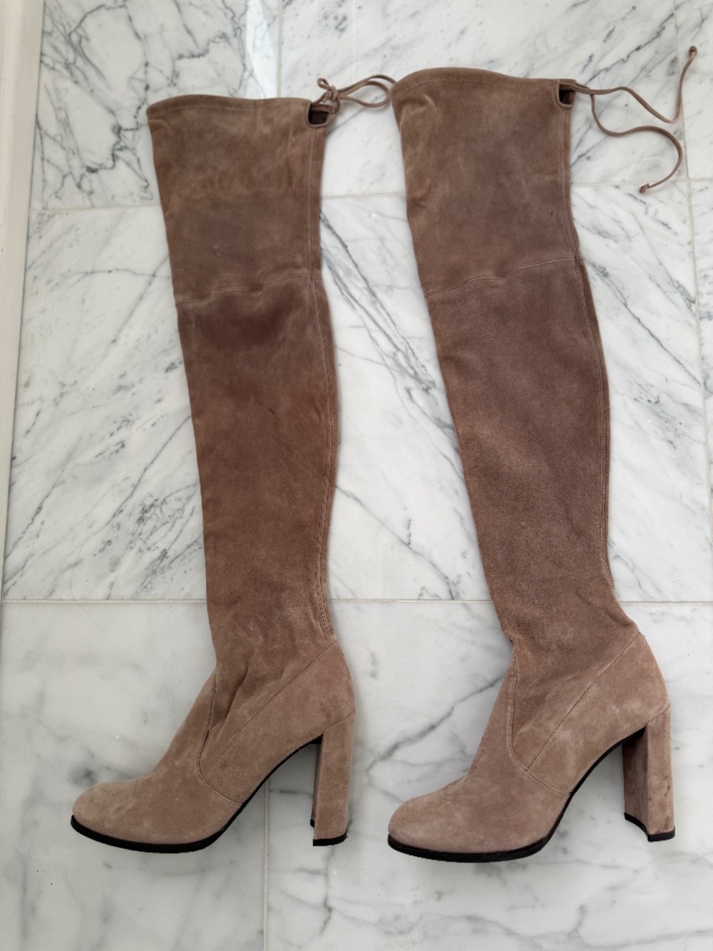 Stuart Weitzman Taupe Suede Over-the-Knee Block Heel Boots – Size 9